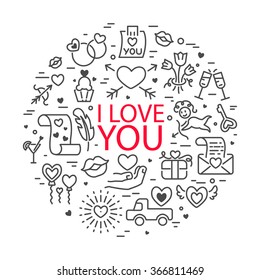 Happy Valentine's day greeting card design with line icons. Love elements in circle shape. Set of icons for labels, badges, illustrations, t-shirts, banners, flyers and other types of design.