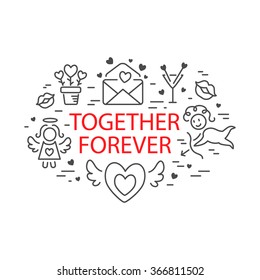 Happy Valentine's day greeting card design with line icons. Set of love elements for labels, badges, illustrations, t-shirts, banners, flyers and other types of design.