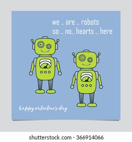 Happy Valentine's day greeting card design template with Cute Robot cartoon characters. Kid's or friends Valentine's day card. Vector illustration. Sample text. Layered, editable.