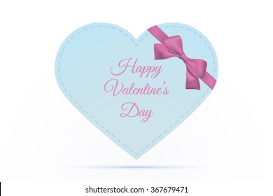 Happy Valentines day greeting card template. Blue heart with purple ribbon and bow, isolated on white background. Vector illustration