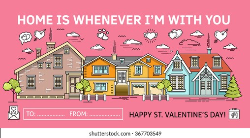 Happy Valentine's Day greeting card template. Unusual creative Valentine's day design concept. Quote typographic design. Modern outlined stroke thin line vector illustration.