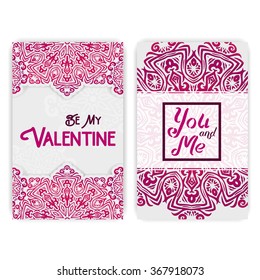 Happy Valentine's day greeting card template. Lacy romantic Indian style invitation. Happy Valentines day lettering. Abstract circle floral ornament. Good for invitations. Ethnic design 