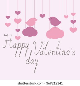 Happy Valentine's Day Greeting Card with hanging hearts, birds on clouds and calligraphic lettering happy valentine's day