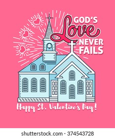 Happy Valentines day greeting card poster template. Christian Valentines day card for the Church service event. Hearts, Bible quote. Flat thin line stroke vector concept. Modern minimal illustration