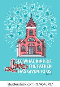 Happy Valentines day greeting card poster template. Christian Valentines day card for the Church service event. Hearts, Bible quote. Flat thin line stroke vector concept. Modern minimal illustration