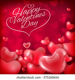 Happy Valentines Day greeting card template with hearts and inscription, festive background, vector illustration.