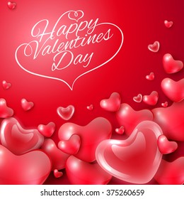 Happy Valentines Day greeting card template with hearts and inscription, festive background, vector illustration.