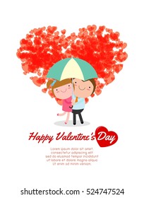 Happy Valentine's Day greeting card background, Couple in love under umbrella, Vector Illustration