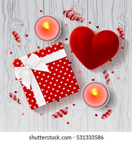 Happy Valentine's Day greeting card. Top view on romantic composition with gift box and red case for ring. Beautiful backdrop with confetti and candles on wooden texture. Vector illustration.