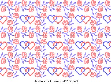 Happy Valentines Day Greeting Card with Hearts and Roses on White or Transparent Background. Embroidered Handmade Cross-stitch Ethnic Vector Seamless Pattern. Background from red and blue hearts.
