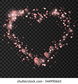 Happy Valentine's Day Greeting Card, place for text on a transparent background, Shining beautiful hearts. Vector illustration