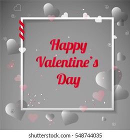 Happy Valentine's Day. Greeting Card the Valentine day on a grey background with red hearts, ribbons and decorations. The elements for wedding design. Be my valentine. Congratulations to all lovers.