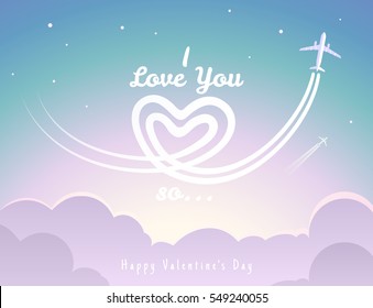 Happy Valentine's Day Greeting Card. Vector Illustration With Light Sky, Clouds, Plane Leaving Behind Heart Shaped Smoke Trail And Inscription 