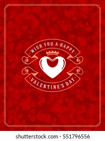 Happy Valentines day Greeting Card and Bokeh Hearts Light Vector Background. Vintage frame and label template.