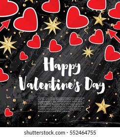 Happy Valentine's Day Greeting Card with Red Hearts and Golden Stars. Vector Illustration