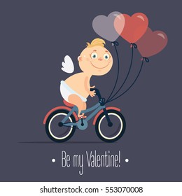 Happy Valentine's day greeting card design with cartoon cupid aiming at bicycle. Vector illustration for your banner,card, poster, site