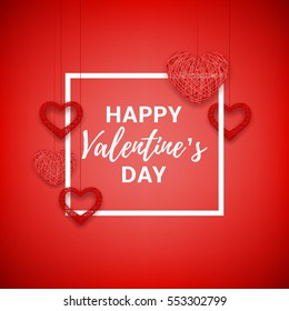 Happy Valentine's Day greeting card. Beautiful background with hearts from threads. Vector illustration.