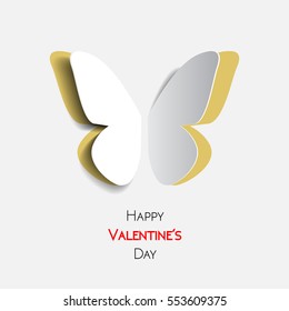 Happy Valentines Day greeting card with paper origami yellow butterfly