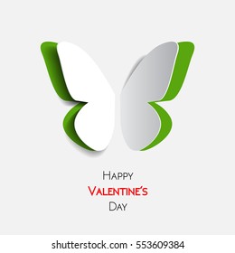 Happy Valentines Day greeting card with paper origami green butterfly