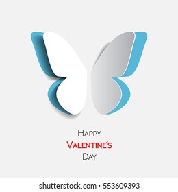 Happy Valentines Day greeting card with paper origami blue butterfly