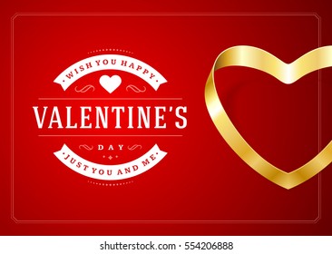 Happy Valentines day Greeting Card Design and Golden Heart Shape from ribbon Vector Background. Vintage Label Template.