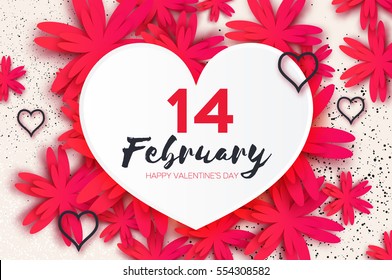 Happy Valentines Day Greeting card. Paper cut flower. Heart frame