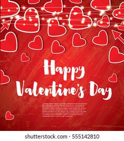 Happy Valentine's Day Greeting Card with Red Hearts and Neon Garlands. Vector Illustration.