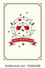 Happy Valentine's day. Greeting card. Line art style.  Cheers stemware