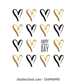 Happy Valentine's Day greeting card with hand drawn gold and black hearts symbols. Vector illustration.