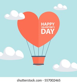 Happy Valentine's Day greeting card with heart shape hot air balloon. Vector illustration.