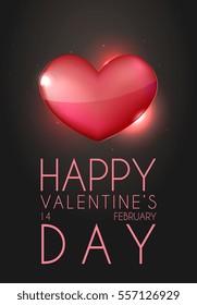 Happy Valentine's day greeting card. big glass shinning heart on black background. vector illustration.