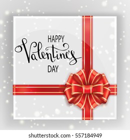 Happy Valentine's Day greeting card. Realistic gift box with a big red bow top view of a festive background. Vector illustration.