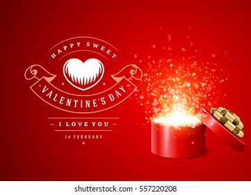 Happy Valentines day Greeting Card Design and Gift Box with hearts confetti Vector Background. Vintage Label Template.