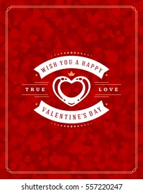 Happy Valentines day Greeting Card and Bokeh Hearts Light Vector Background. Vintage frame and label template.