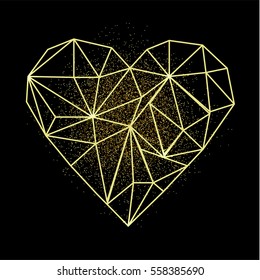 Happy Valentines day greeting card. Heart shape in low poly style with golden sand behind the heart. Saint Valentine's Day. Woman day, 8 march. Vector modern illustration. EPS10