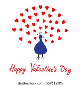 Happy Valentines Day. Greeting card. Peacock Open red heart set tail. Word Love text. Zoo animal collection. Exotic tropical bird. Cute cartoon character. Blue color. White background Flat Vector