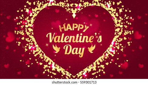 Happy Valentines Day greeting card. I Love You. 14 February. Holiday background with hearts, light, stars. Vector Illustration
