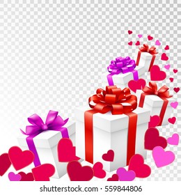 Happy Valentines day greeting card with hearts and gift boxes on transparent background. Vector illustration.