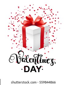 Happy Valentines day greeting card with callygraphy, hearts confetti and gift box. Vector illustration.