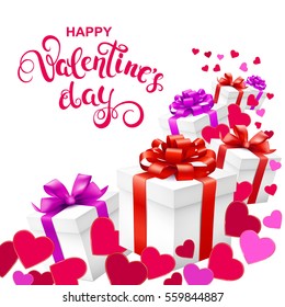 Happy Valentines day greeting card with callygraphy, hearts and gift boxes. Vector illustration.