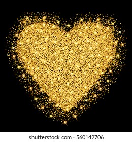 Happy Valentines day greeting card. Gold heart with glitter stars and particles. Vector illustration.