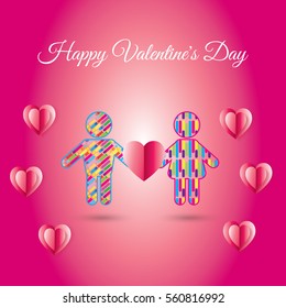 Happy Valentines Day greeting card. Vector illustration. Romantic poster with hearts, man and woman icons abstract background. Love, poster, banner, e-card. Advertising, design Calligraphy silhouette