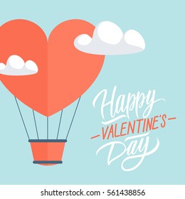 Happy Valentine's Day greeting card with heart shape hot air balloon and handwritten text. Vector illustration.