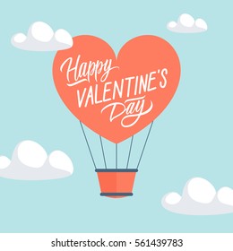 Happy Valentine's Day greeting card with heart shape hot air balloon and handwritten romantic wishes. Vector illustration.