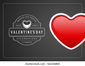 Happy Valentines day Greeting Card Design and Red Heart Vector Background. Vintage Label Template.