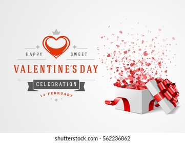 Happy Valentines day Greeting Card Design and Gift Box with hearts confetti Vector Background. Vintage Label Template.