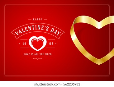Happy Valentines day Greeting Card Design and Golden Heart Shape from ribbon Vector Background. Vintage Label Template.