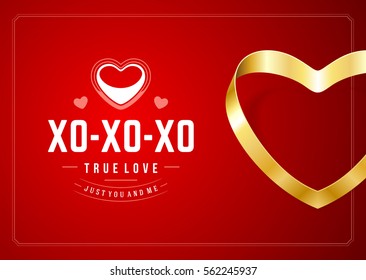 Happy Valentines day Greeting Card Design and Golden Heart Shape from ribbon Vector Background. Vintage Label Template.