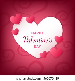 Happy Valentine's Day greeting card with white and pink hearts. Lettering in the middle. Romantic Gift background. Vector Illustration.