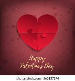 Happy Valentines Day, greeting card template. Jigsaw puzzle pieces in form of red heart, on blurred background with bokeh and particles. Vector illustration.